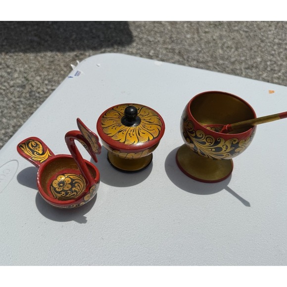 Other - Vintage Russian Khokhloma Trinket Set Swan Goblet